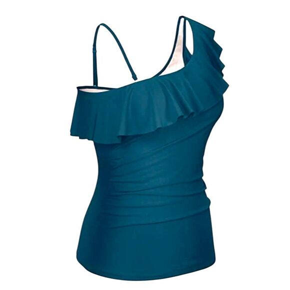 Yonique Women’s Teal One Shoulder Ruffle Swim Tankini, Size L, NWT - Picture 1 of 6